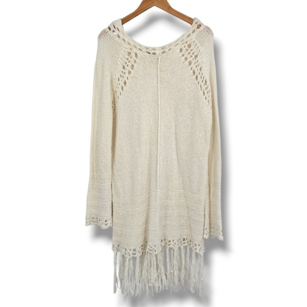 On the Road Cream Boho Hooded Crochet‎ Fringe Knit Sweater Womens Medium Ivory